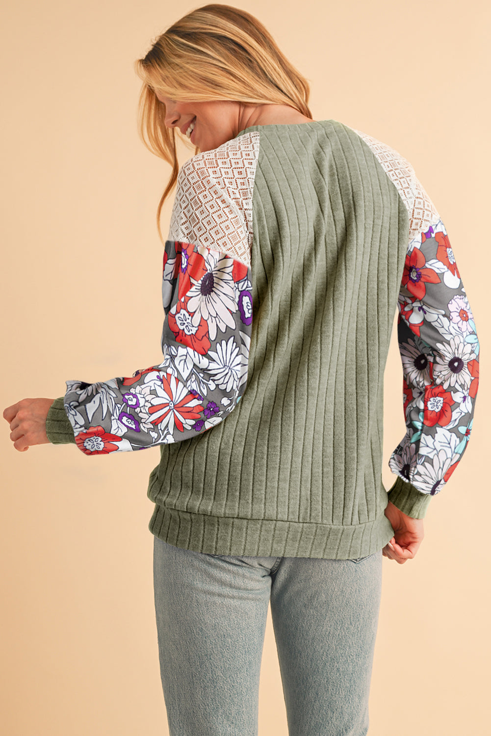 Parchment Floral Patchwork Raglan Sleeve Ribbed Blouse