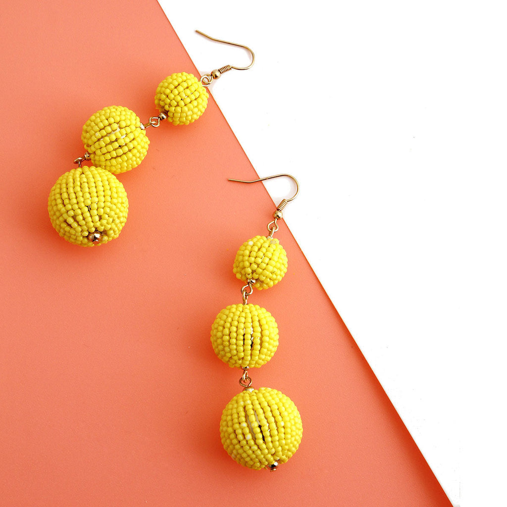 Seed Bead Ball Earrings Yellow Trio Stylish Statement Jewelry