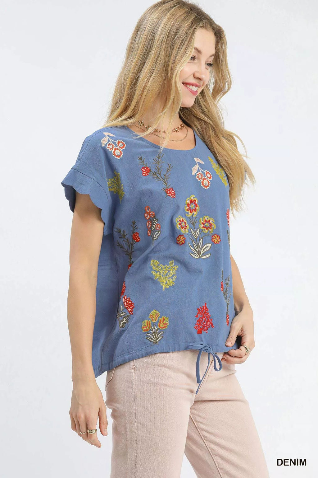I am a Fashion Junky Embroidered Scallop Sleeve Top with Drawstring Hem