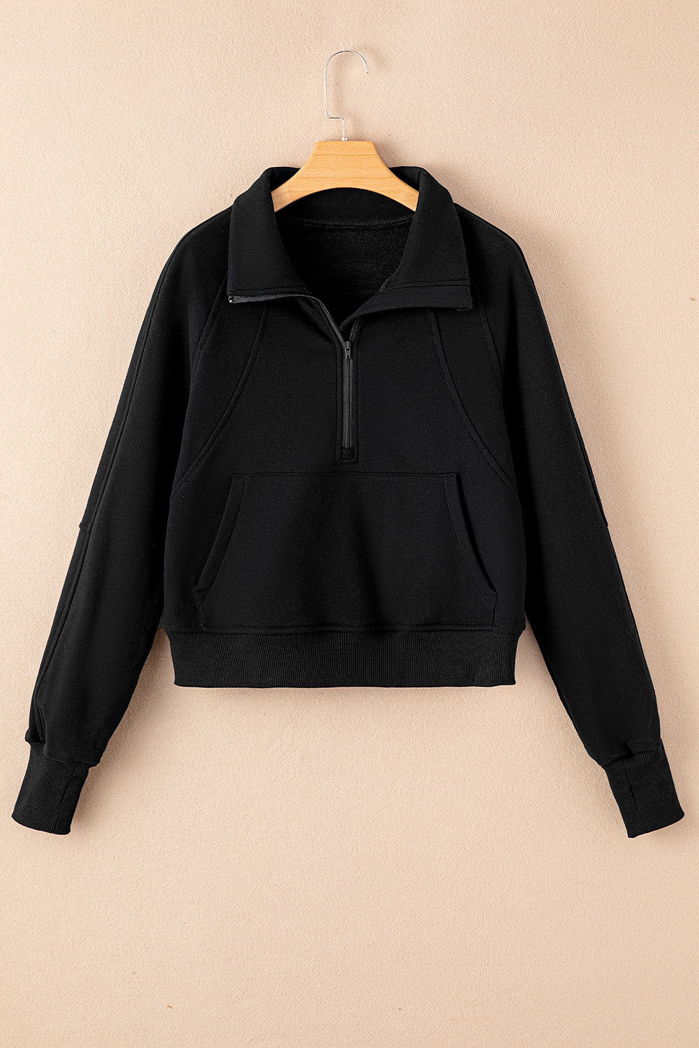 Flamingo Zip Up Stand Collar Ribbed Thumbhole Sleeve Sweatshirt