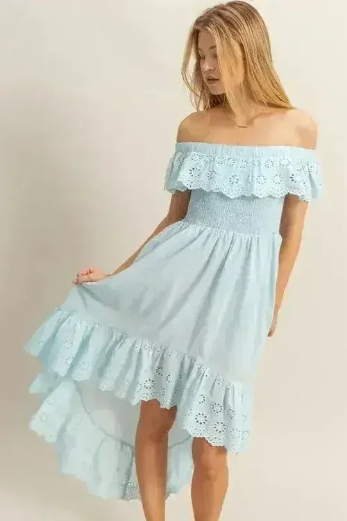 HYFVE Eyelet Off-Shoulder Dress – High-Low Ruffled Hem