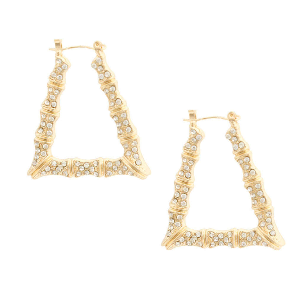 Trendy Gold Bamboo Hoops Earrings, Bling Trapezoid Statement Jewelry