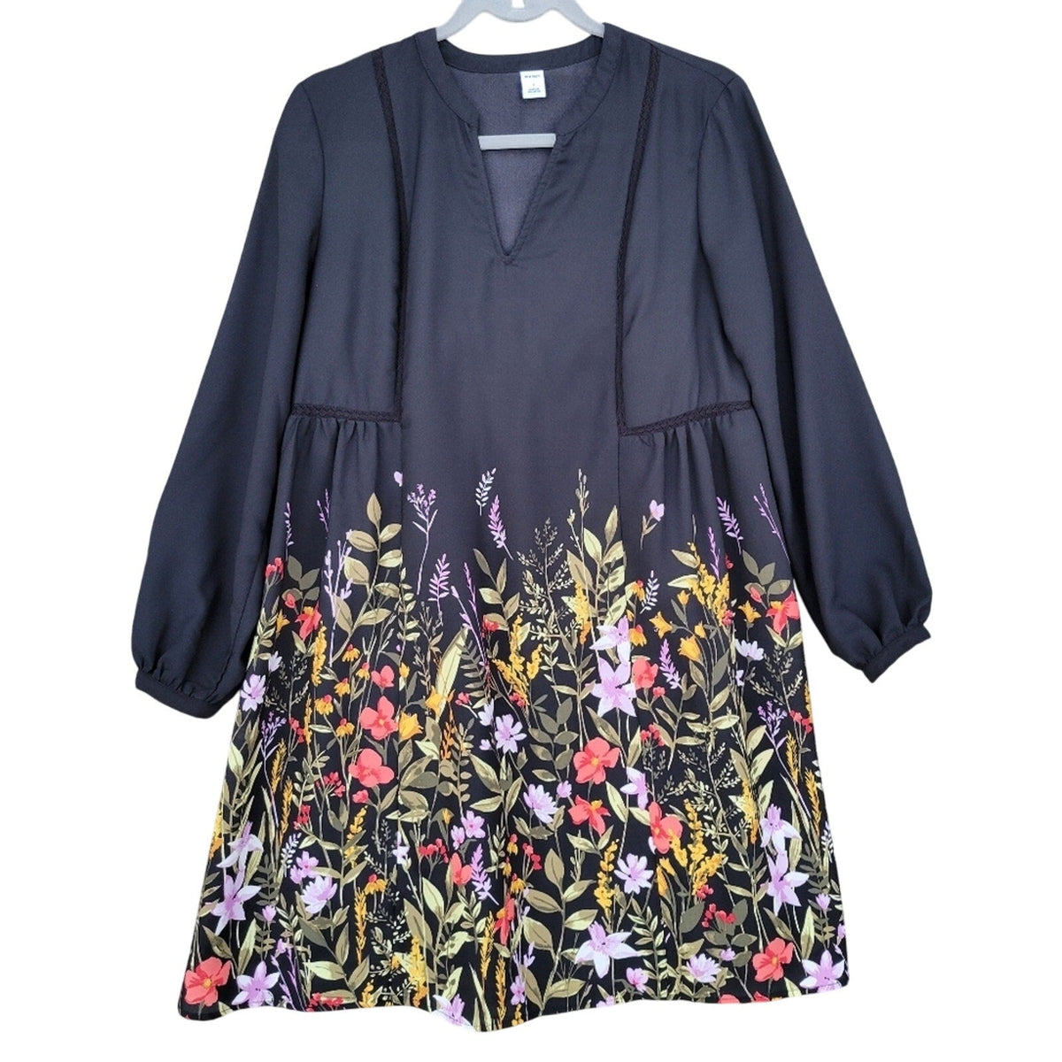 Old Navy Womens Small Black Floral Long Sleeve V Neck Sheer Shift Dress w Slip