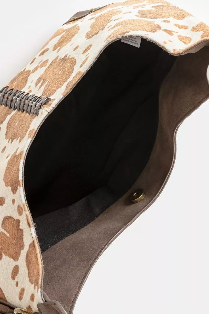 Cow Print Hobo Shoulder Bag with Studded Details