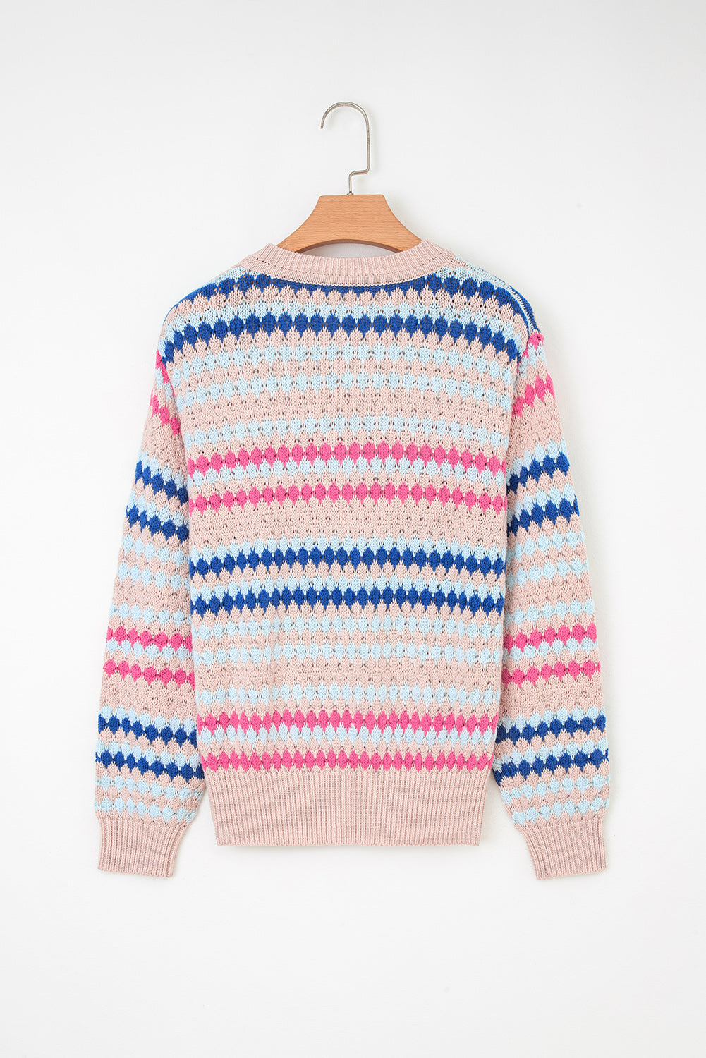 Khaki Stripe Eyelet Patterned Drop Shoulder Sweater