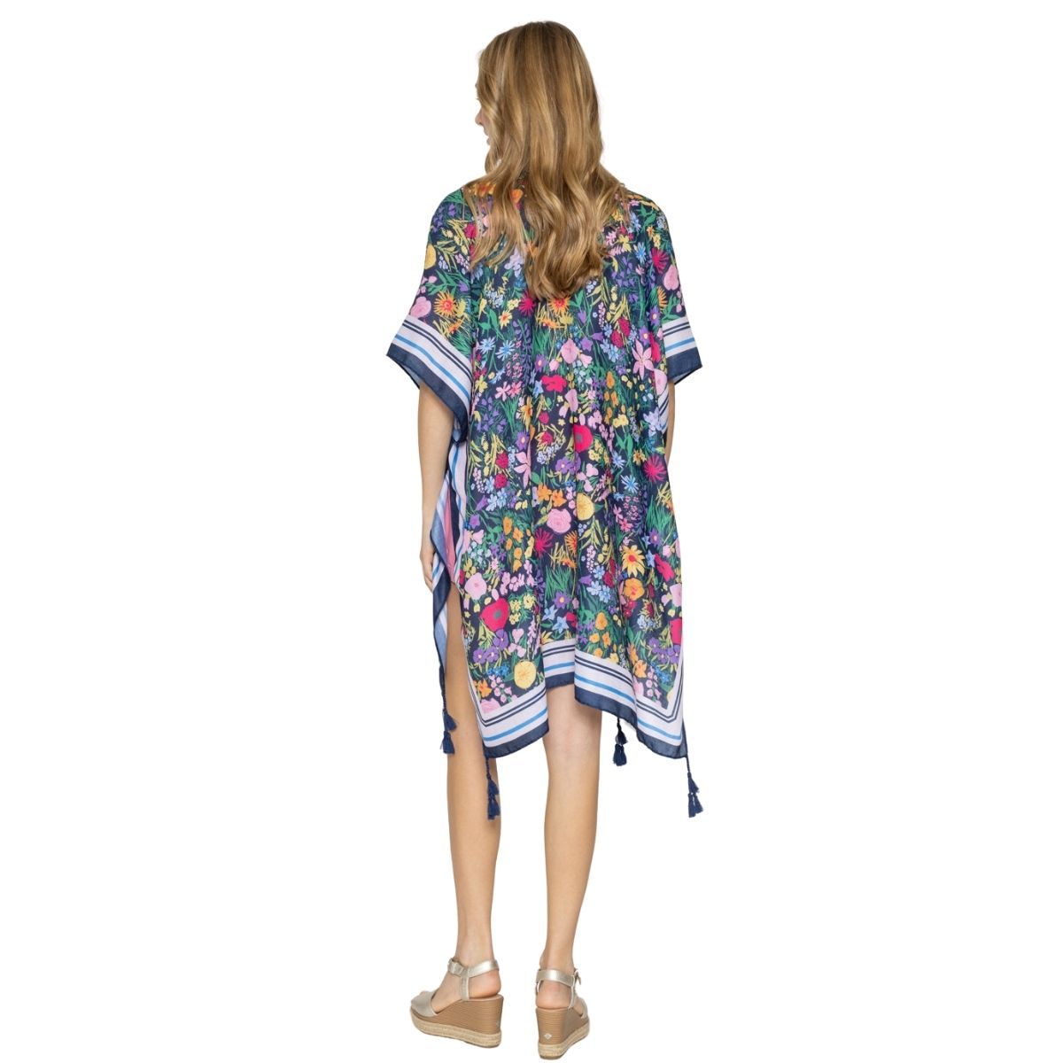 Women’s Black Border Floral Kimono with Tassel – Stylish Casual Layered Cover-Up