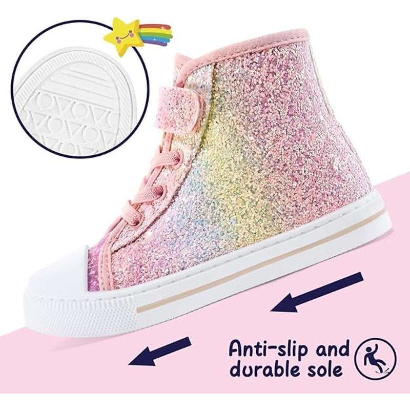 New KomForme Toddler Girl Size 8 Rainbow Glitter Hook Loop Canvas High Top Shoes
