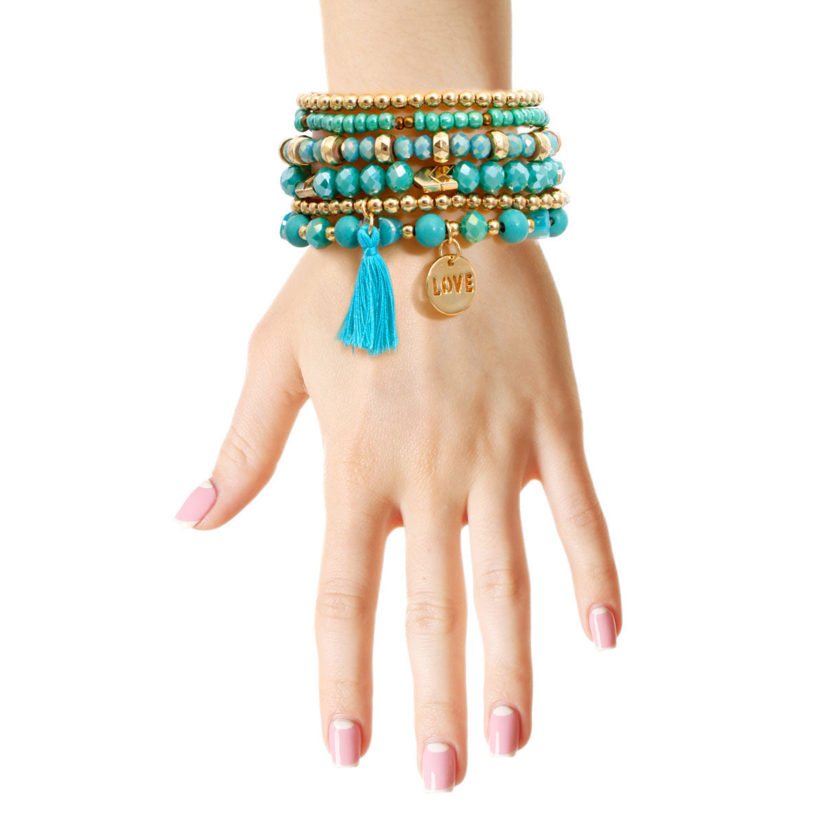Bracelet Set 6 Pcs Turquoise Glass Layered Stylish Jewelry