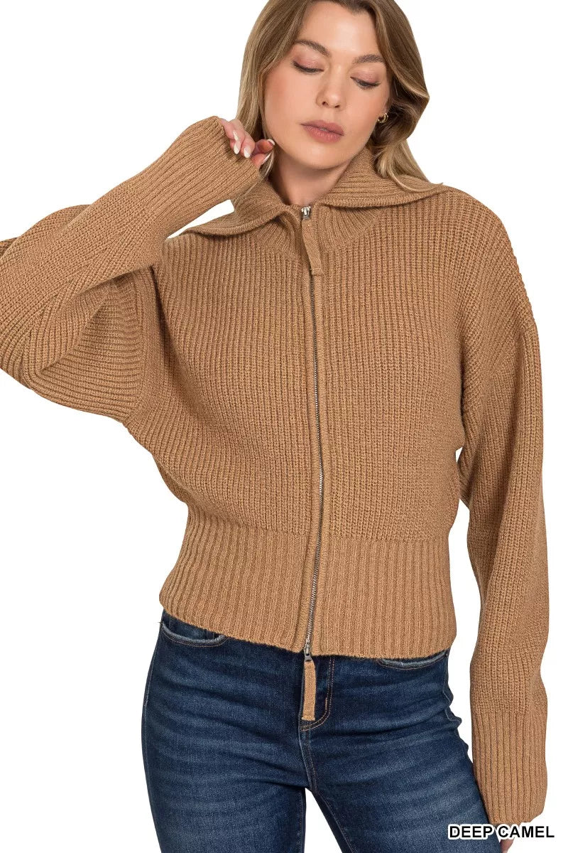 Ribbed Collared Zip Up Sweater Cardigan