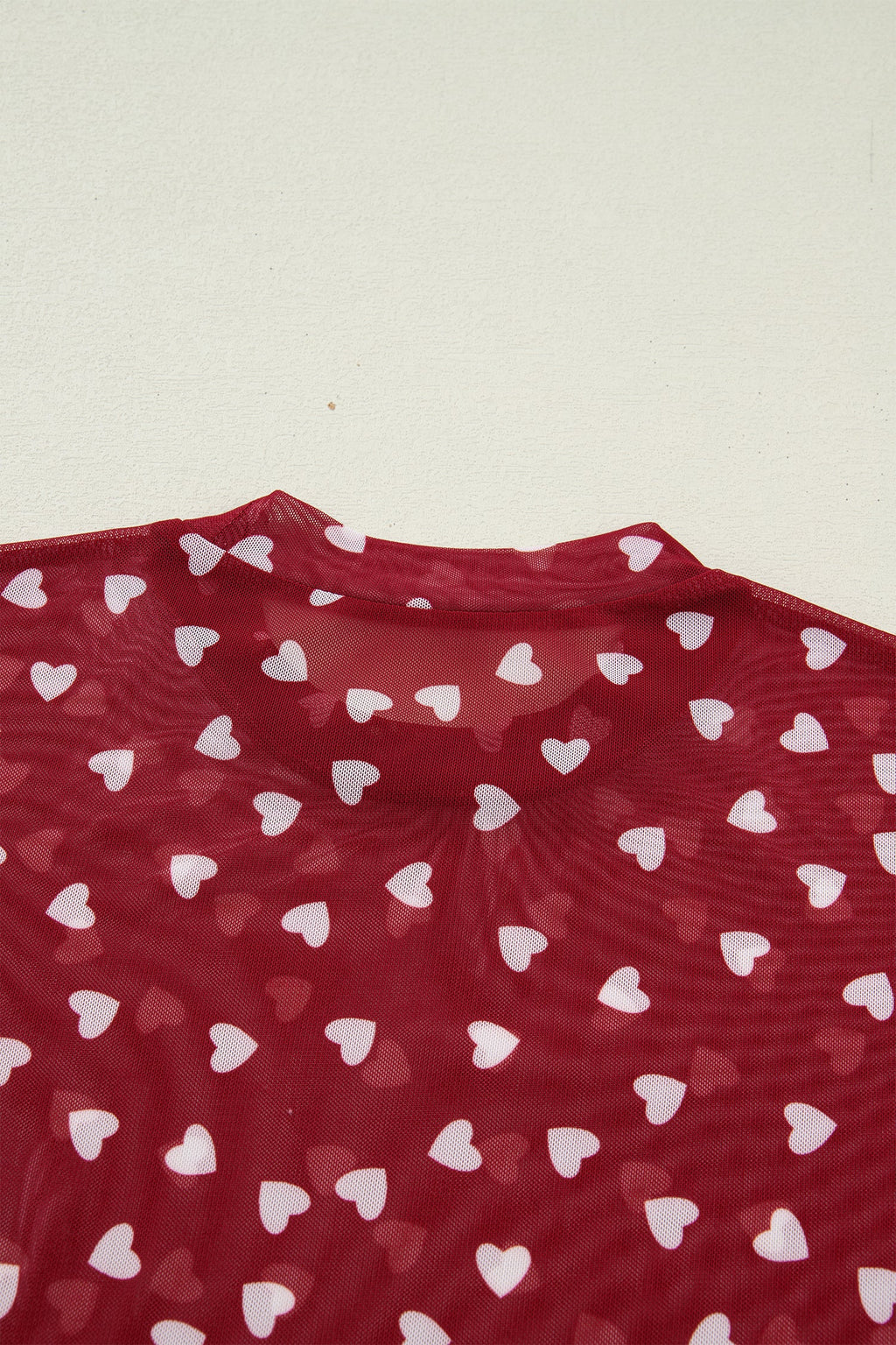 Racing Red Allover Heart Print Mesh Short Sleeve Top