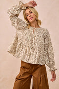 Floral Printed Peplum Blouse with Shirring and Tied