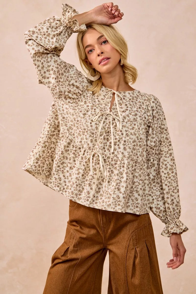 Floral Printed Peplum Blouse with Shirring and Tied