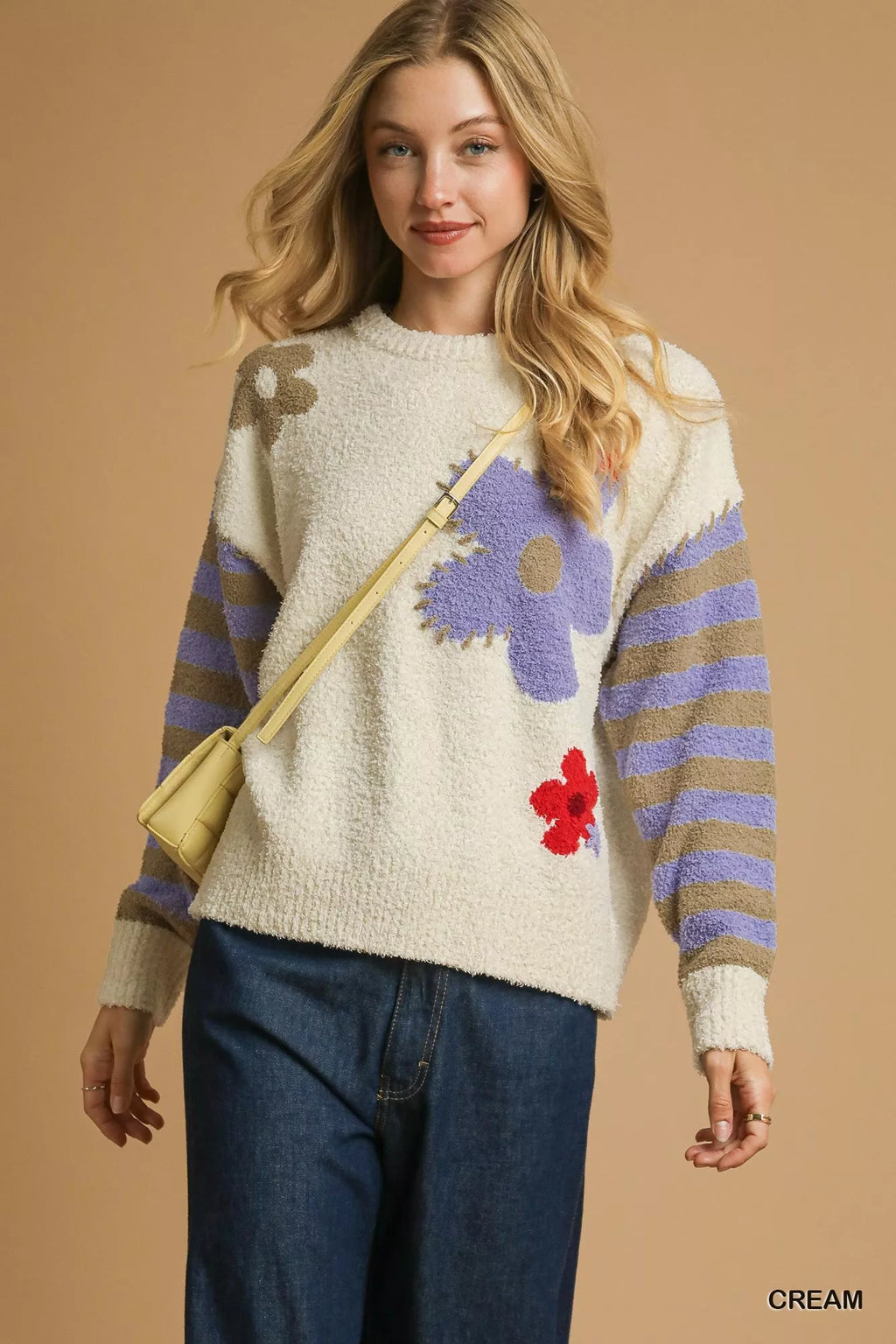 Flower Jacquard Striped Long Sleeve Sweater