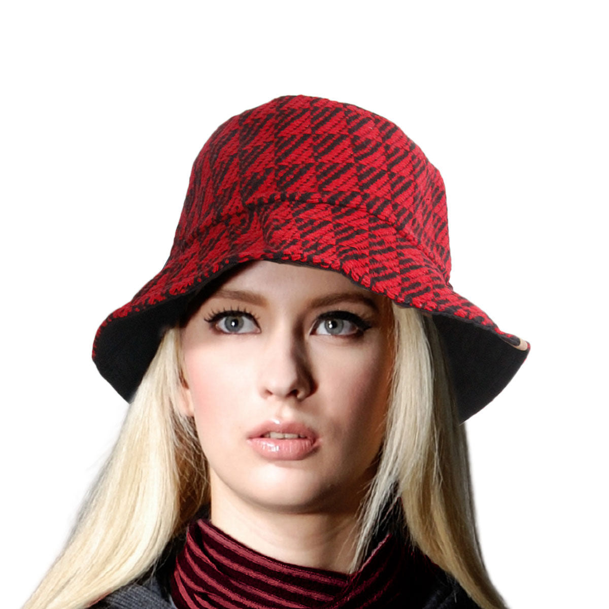 Bucket Hat with Red Geo Pattern Topstitch – Trendy Casual Accessory
