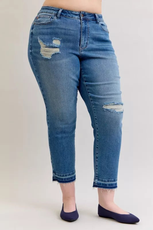Full Size Mid Rise Bf Patch & Repair Destroy Release Hem Jeans Plus Size