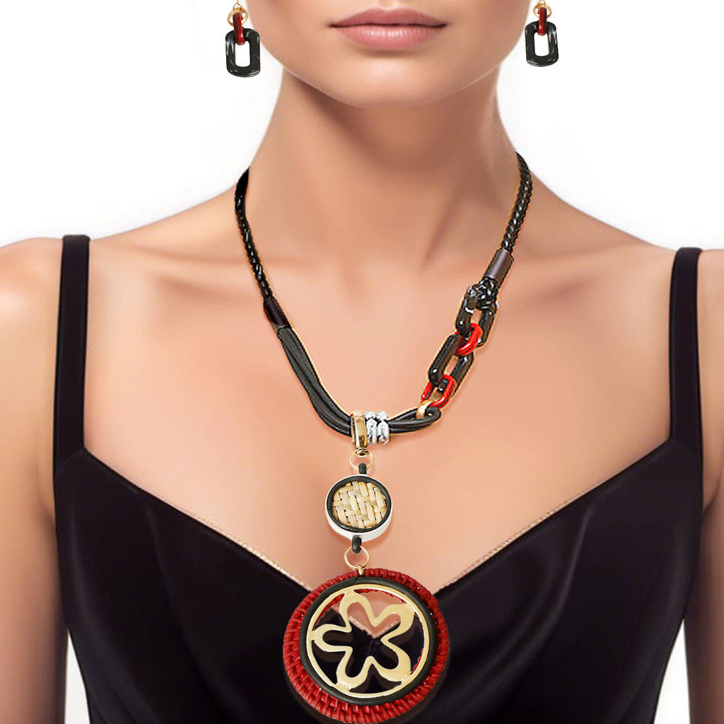 Leather Pendant Set Red and Black Stylish Statement Jewelry