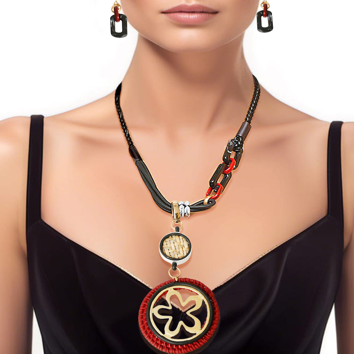Leather Pendant Set Red and Black Stylish Statement Jewelry