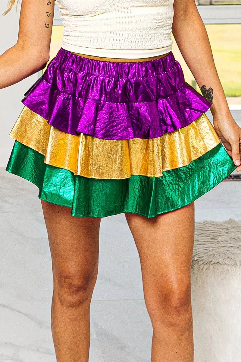 Mardi Gras Color Block Metallic Tiered Skirt