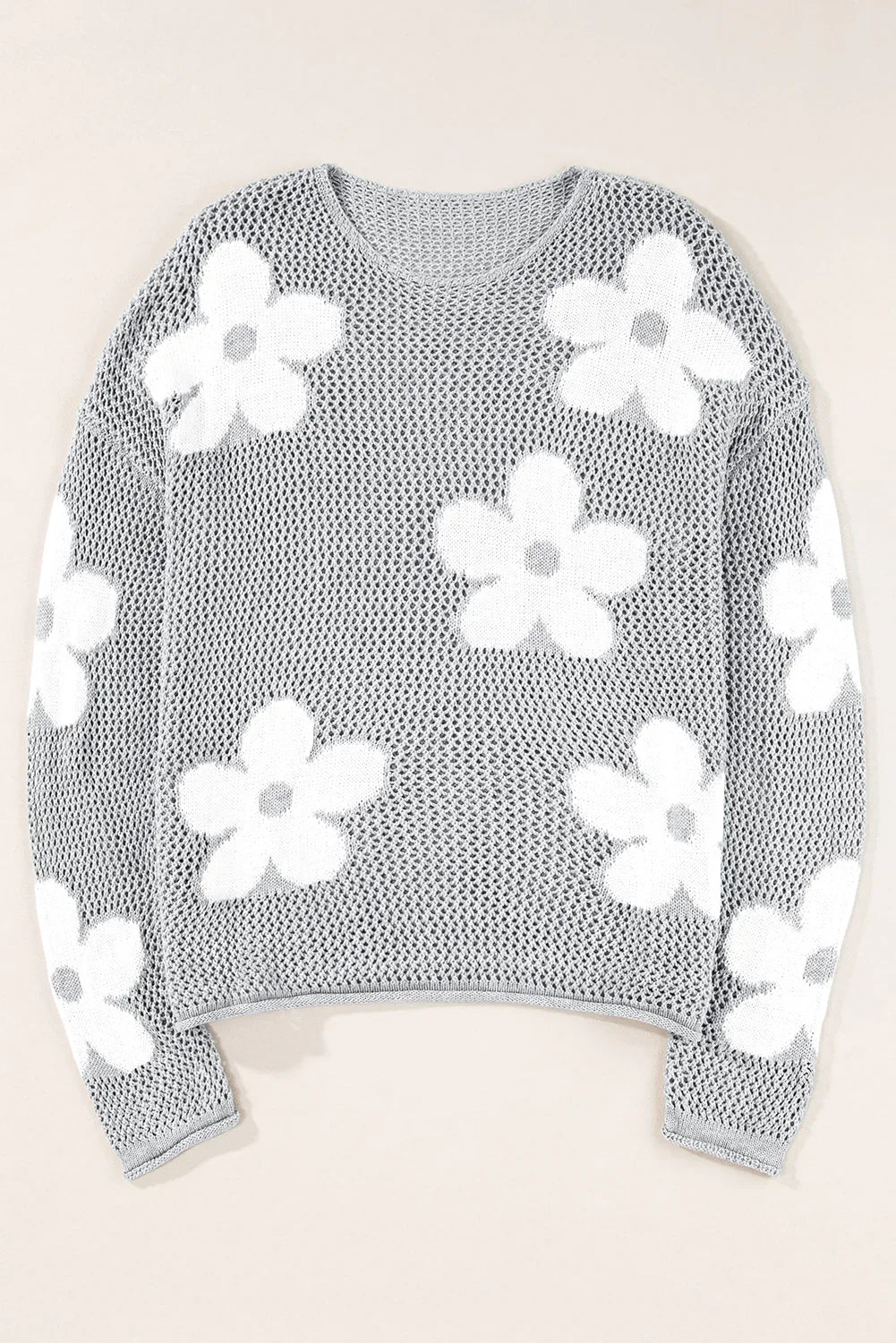 60s Flower Drop Shoulder Hollow Knit Top Light Grey -Femstylo