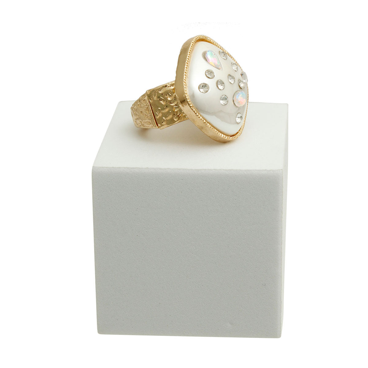 Statement Square Ring with Gold Cream Pearl Accent
