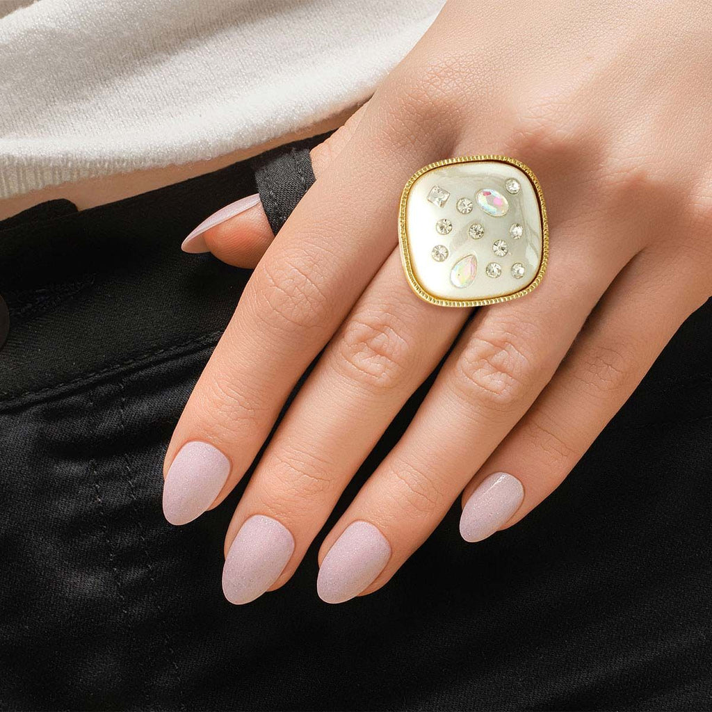 Statement Square Ring with Gold Cream Pearl Accent