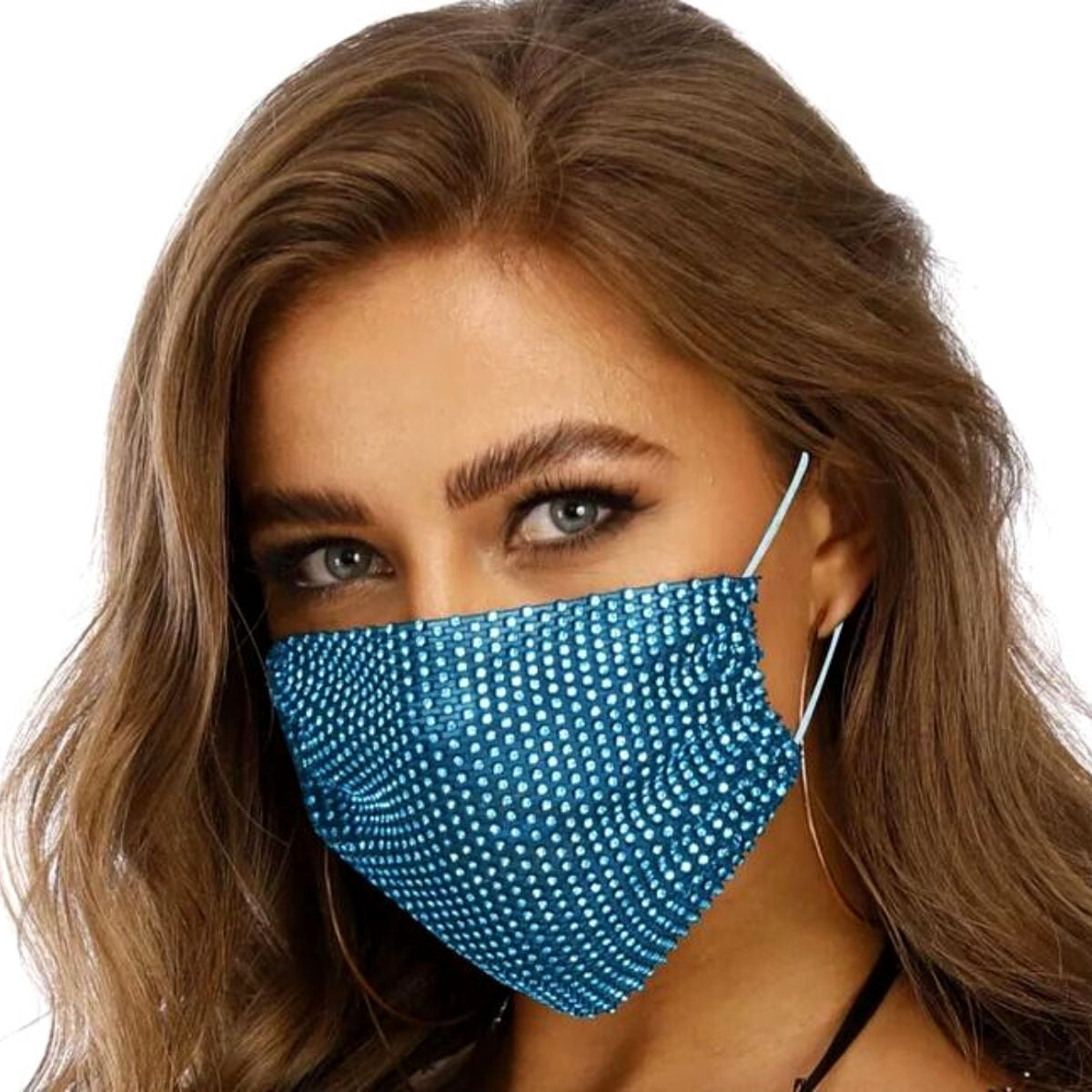 Fashion Mesh Mask with Aqua Rhinestone Detail, Stylish Statement Accessory