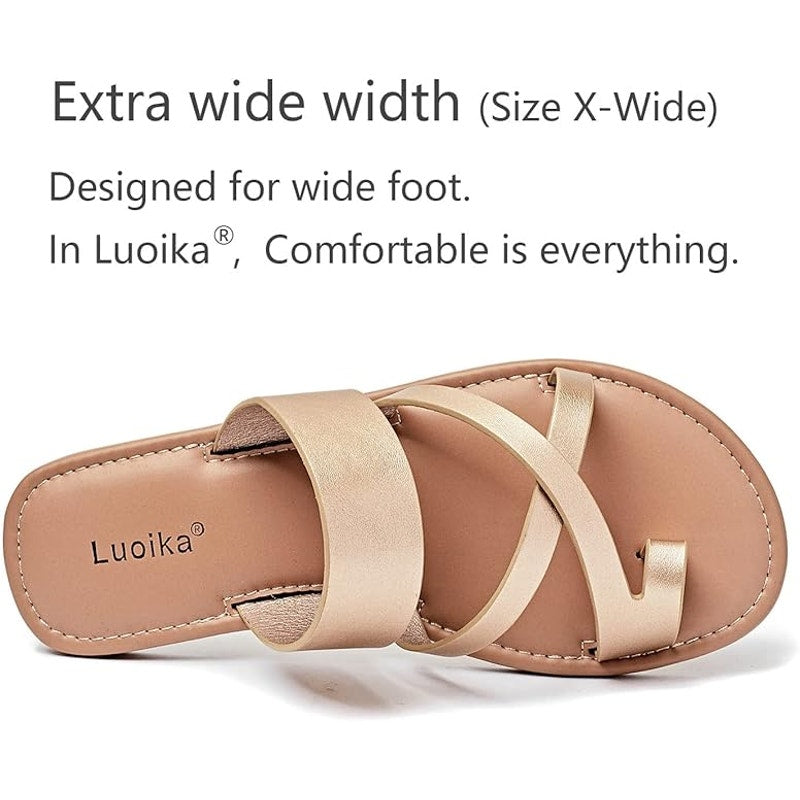 Luoika Womens 7.5W Gold Toe Strap Slide On Flats Sandals Flip Flop Shoes