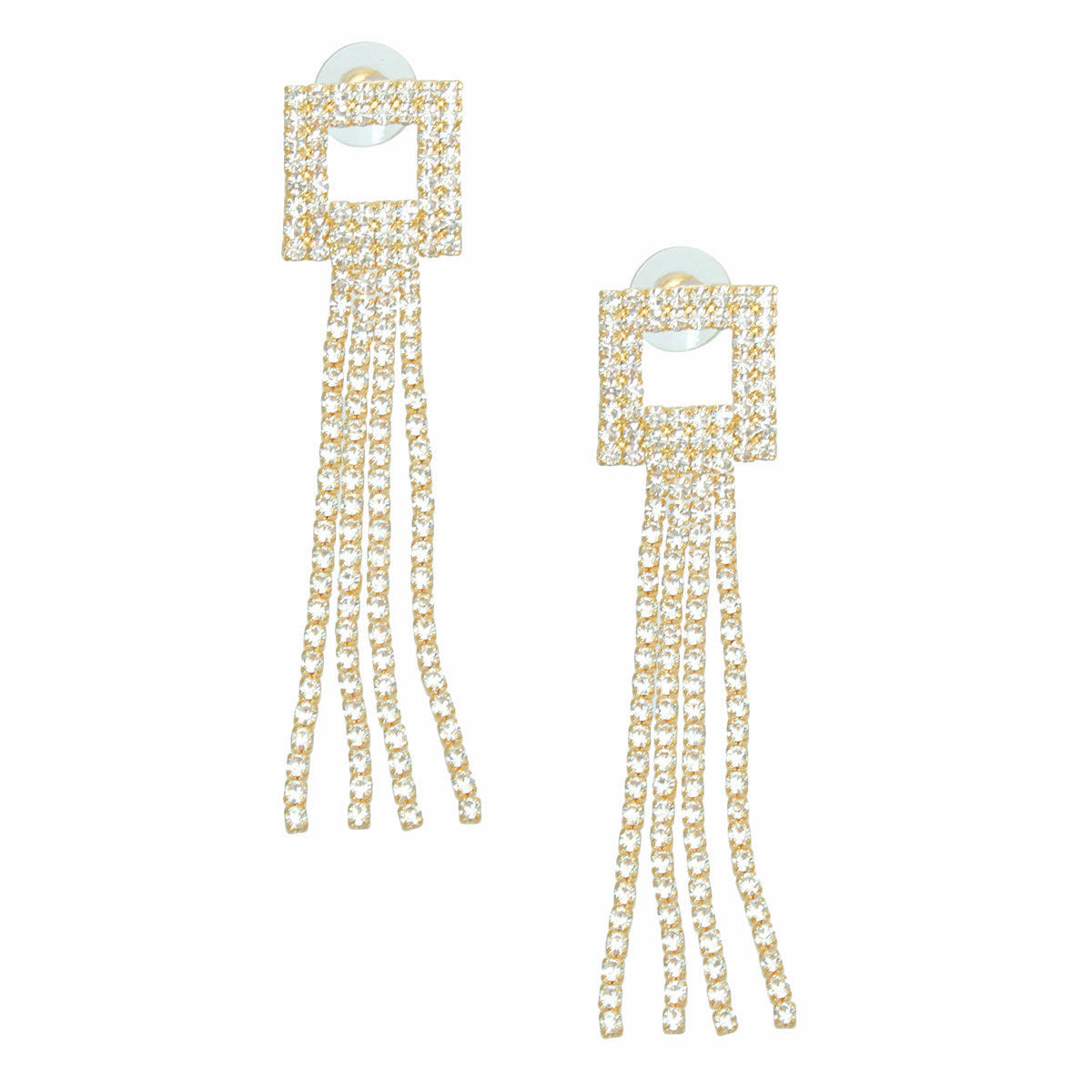 Statement Gold Square Rhinestone Fringe Earrings Stylish Chic Jewelry