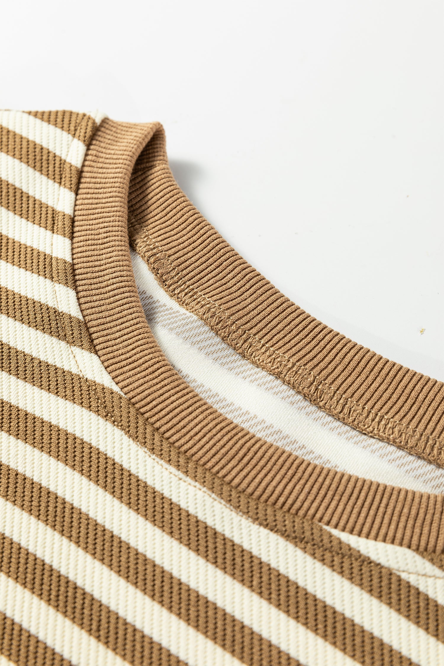 Brown Stripe Textured Drop Shoulder Pullover Top Drawstring Mini Skirt Two Piece Dress Set