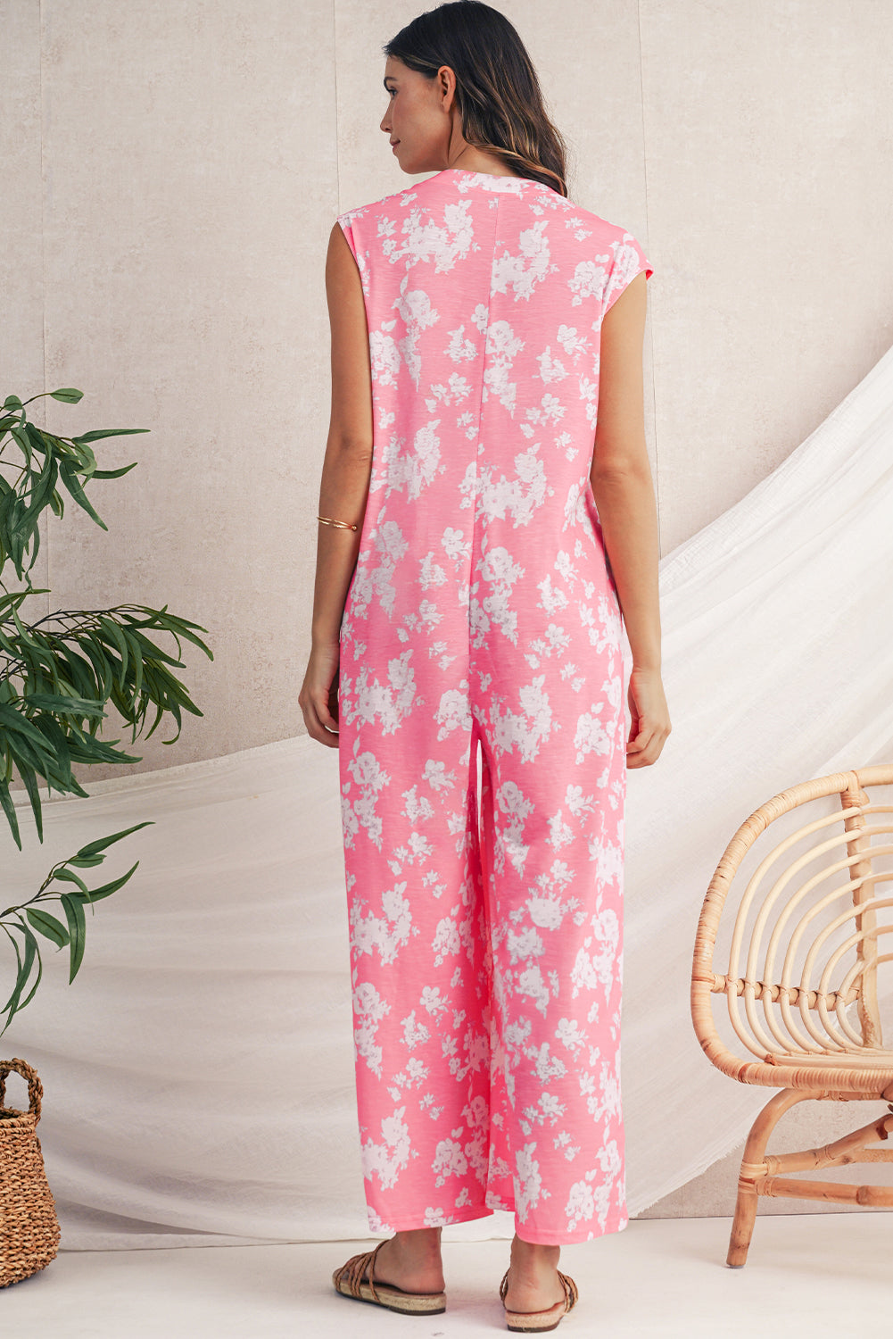 Myosotis Floral Print Sleeveless Wide Leg Jumpsuit