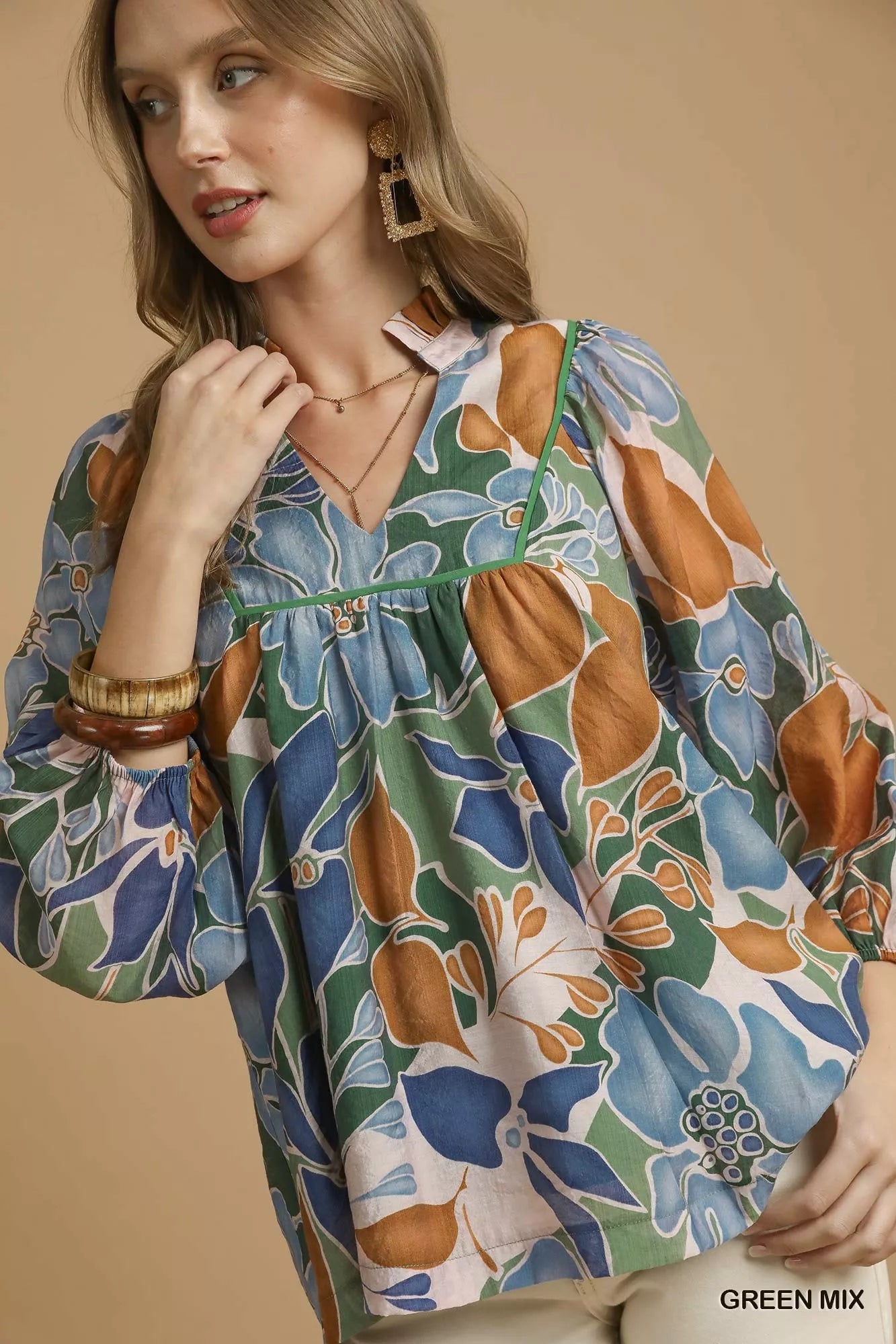Multicolor Abstract Floral Print Blouse with Ruffle Neck