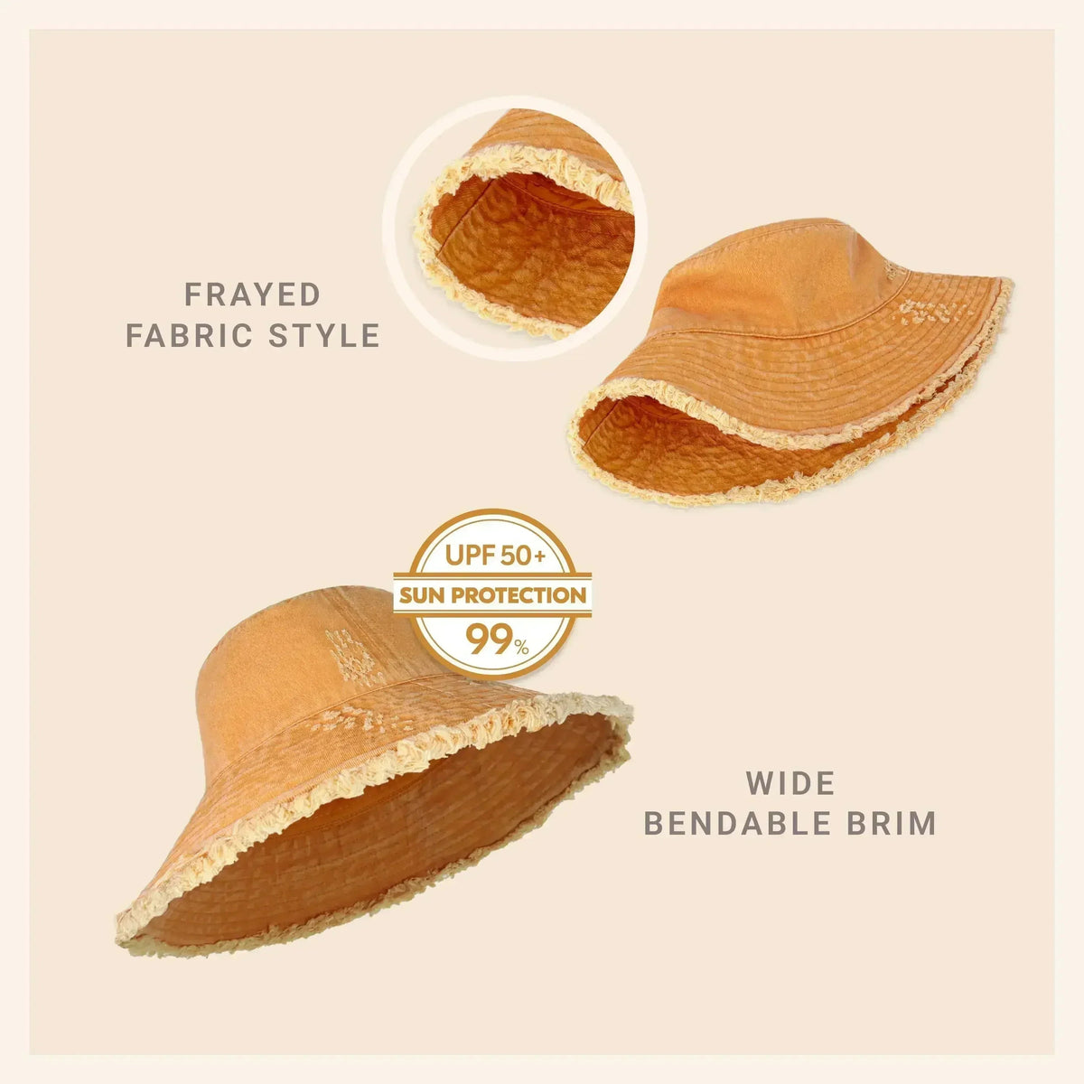 Frayed Bucket Hat - Wide Brim Cotton - UPF 50+ Sun Protection - One Size