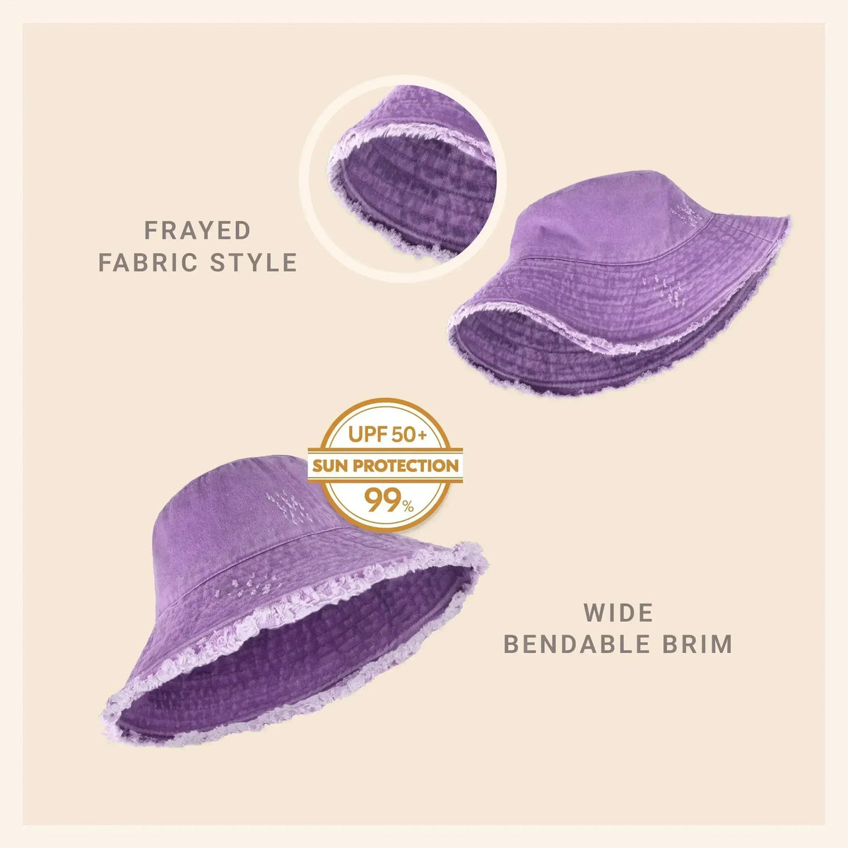 Frayed Bucket Hat - Wide Brim Cotton - UPF 50+ Sun Protection - One Size