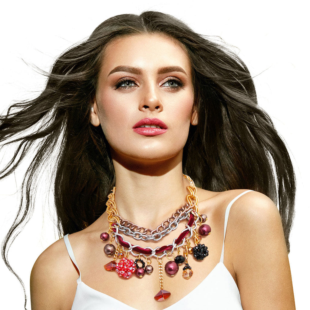Layered Statement Necklace with Red Charm – Trendy Fashion Jewelry