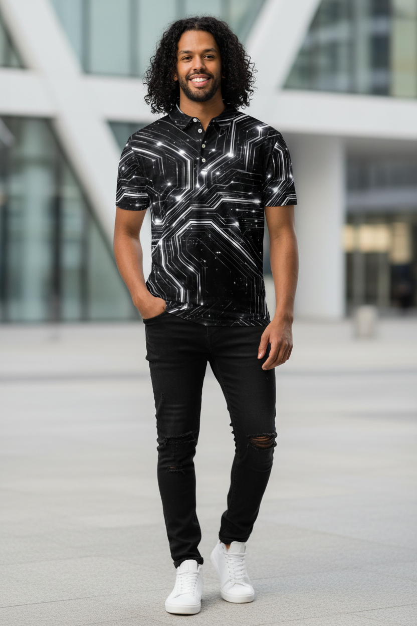 Glitched Circuitry Polo – Limited Drop – Black White Tech All-Over Print Slim Fit