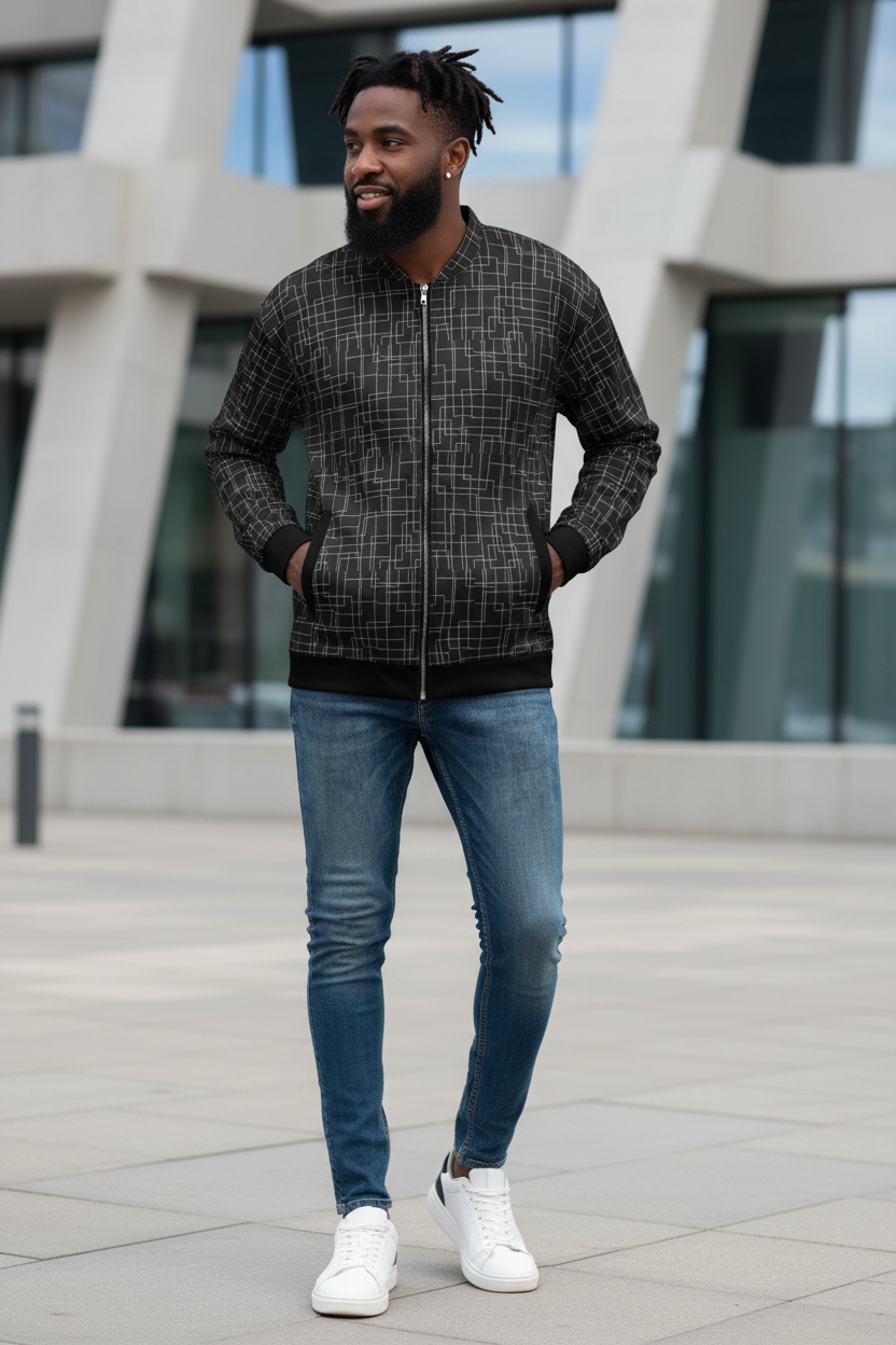 Architectural Silence Bomber Jacket – Limited Drop – Minimalist Brutalist Geometric All-Over Print Unisex