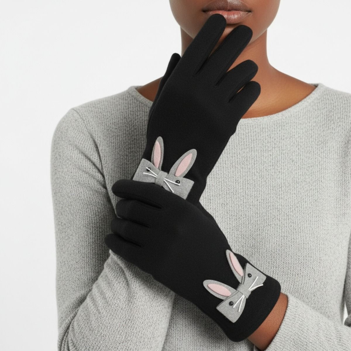Winter Woolen Touchscreen Gloves with Cute Rabbit Design, Black, Stylish and Trendy