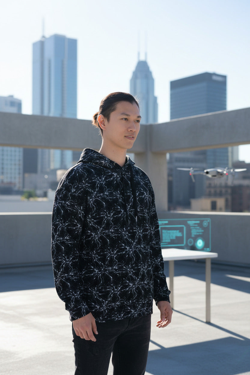 Glitched Circuitry Hoodie – Limited Drop – Black White Tech All-Over Print