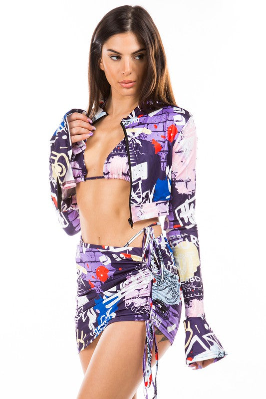 Swimsuit Set – Bikini, Zip Jacket & Skirt Cover-Up