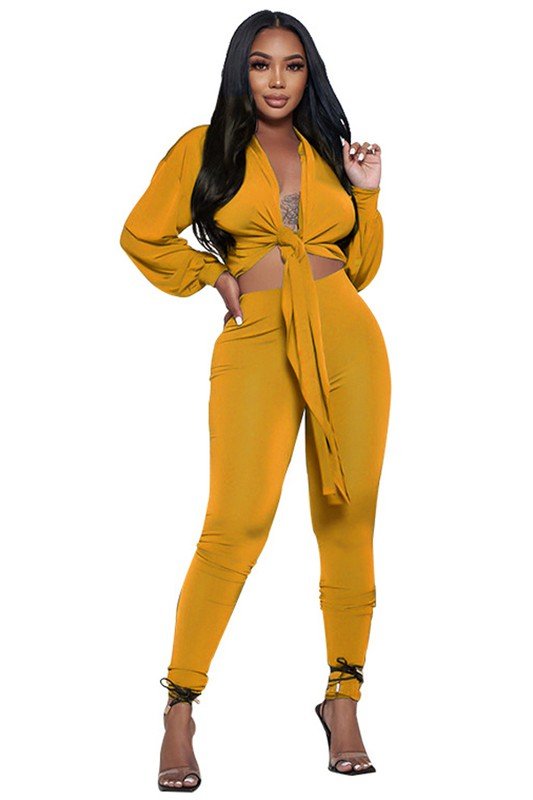 Mustard 2 Piece Set – Wrap Tie Top & High Waist Pants Set