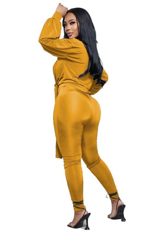 Mustard 2 Piece Set – Wrap Tie Top & High Waist Pants Set