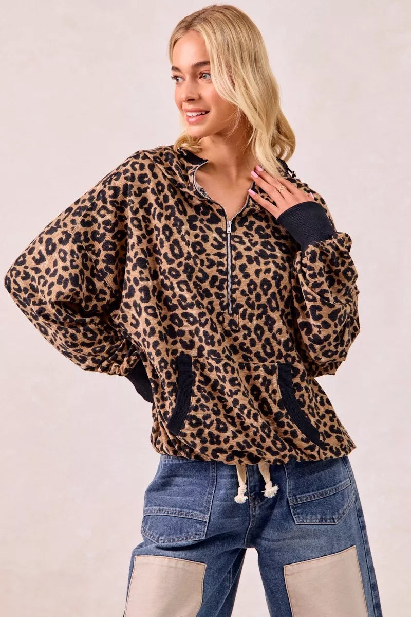 Leopard Print Waffle Half Zip Up Hoodie W Pocket