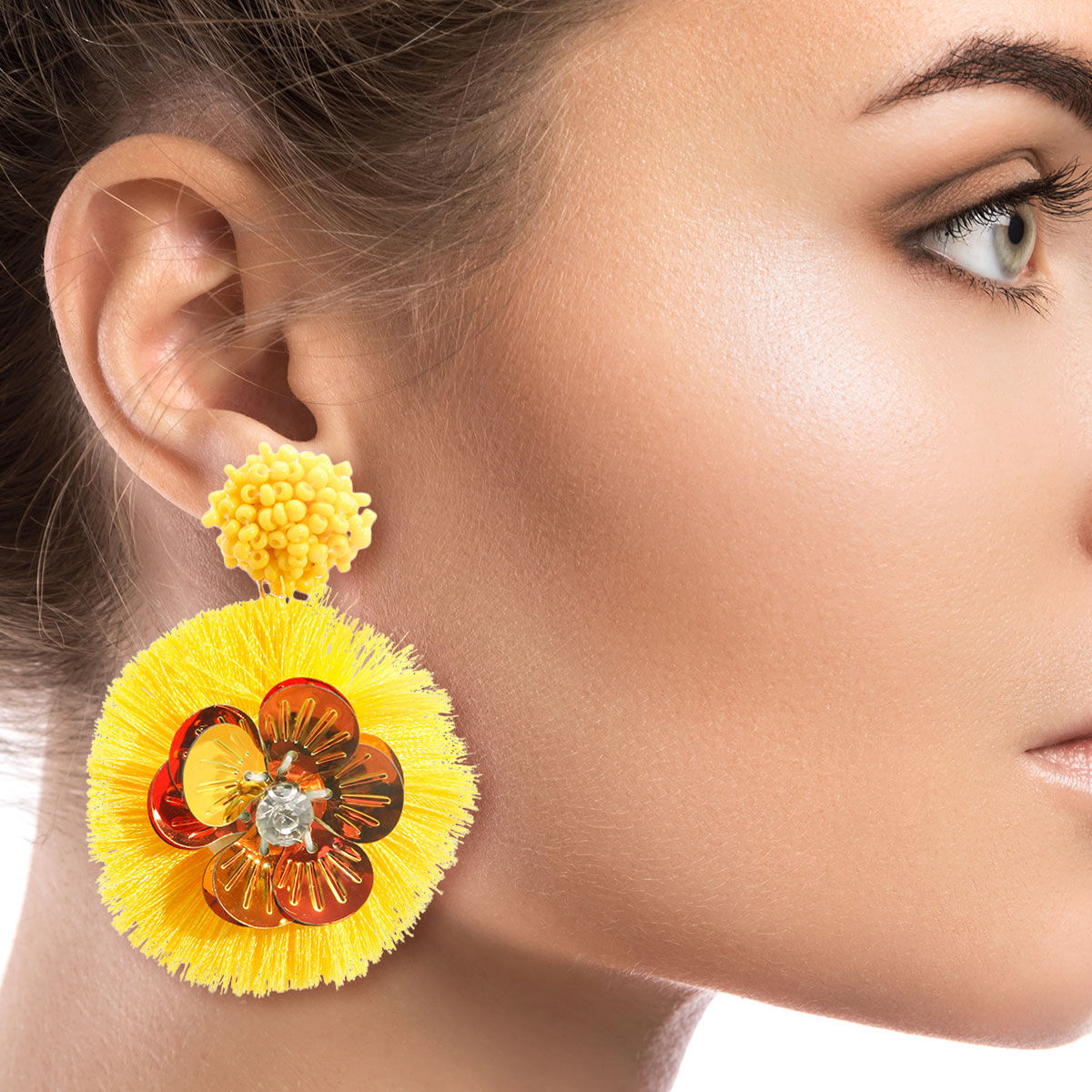 Statement Yellow Sequin Flower Tassel Earrings – Trendy Chic Jewelry Accessory
