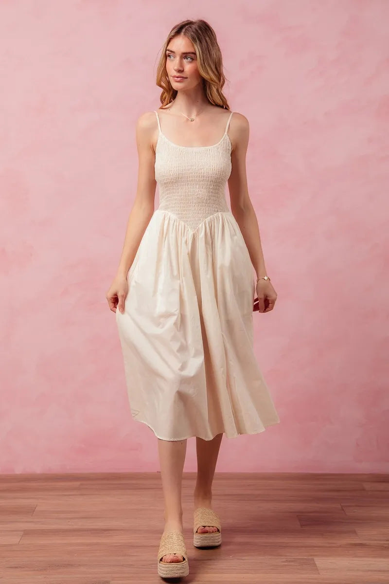 Smocked Sleeveless Casual Everyday Dress With Slit