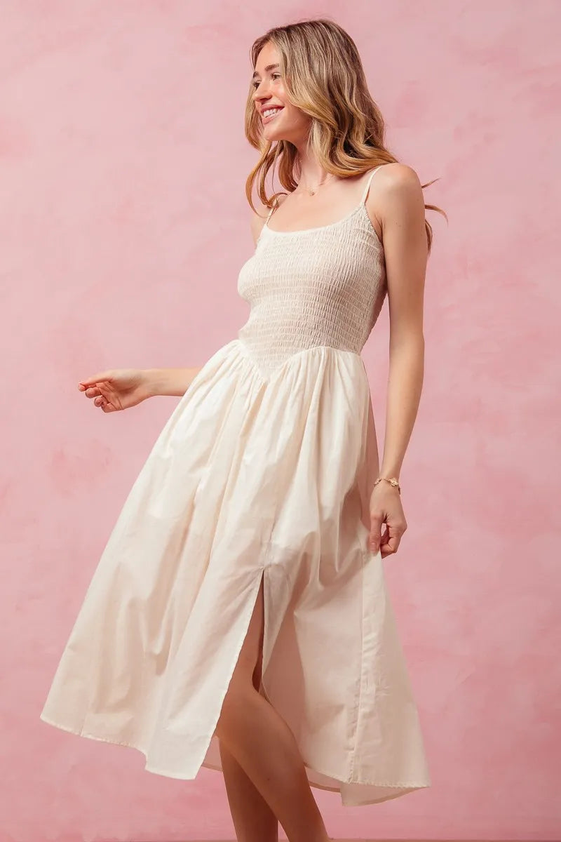 Smocked Sleeveless Casual Everyday Dress With Slit