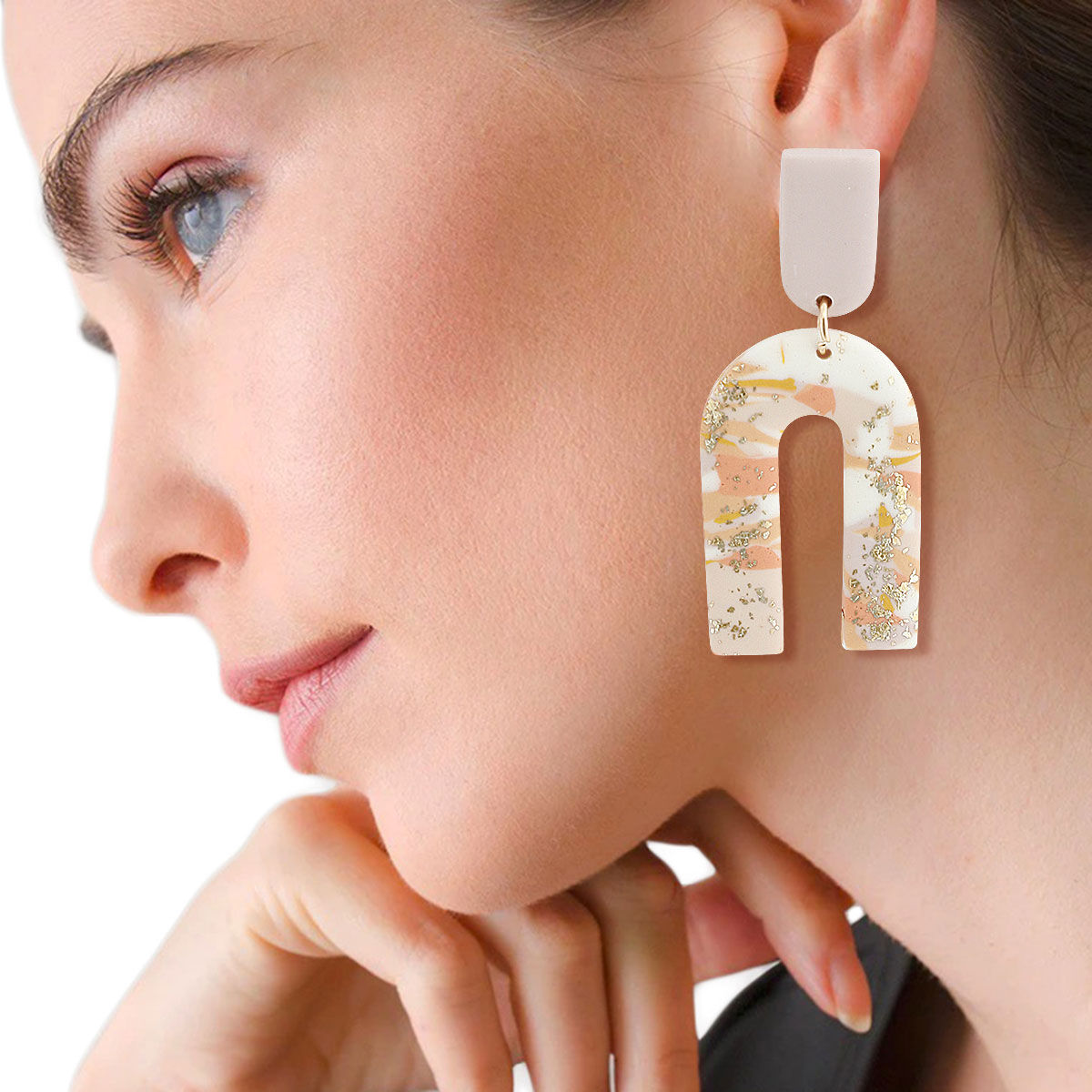 Statement U Drop Earrings Blush Marbled Clay Stylish Chic Jewelry