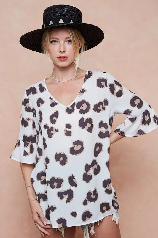 Leopard Printed V Neck Woven Top with Ruffled