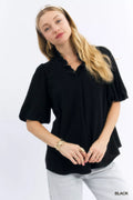 Linen Scallop Trim V-Neck Blouse
