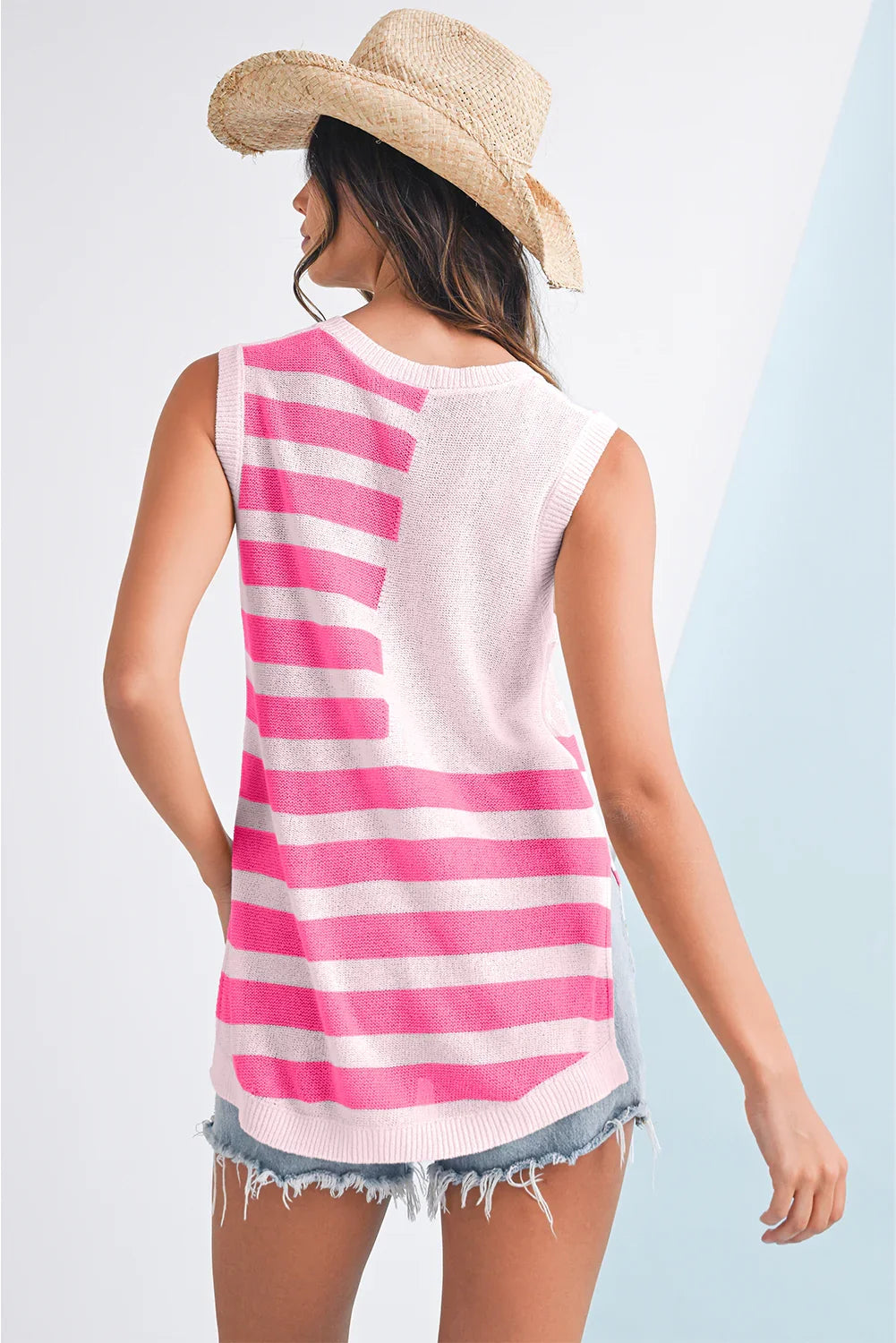 Beige USA Flag Notched Neckline Loose Knit Vest