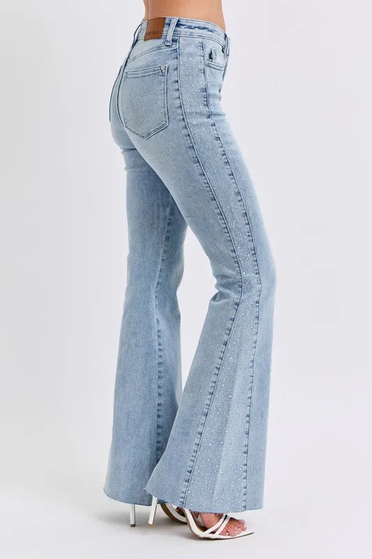 Full Size Mid Rise Rhinestone Side Panel Detail Flare Jeans Plus Size